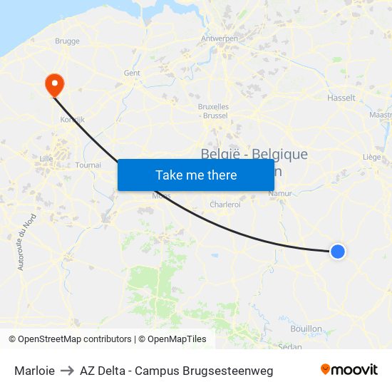 Marloie to AZ Delta - Campus Brugsesteenweg map