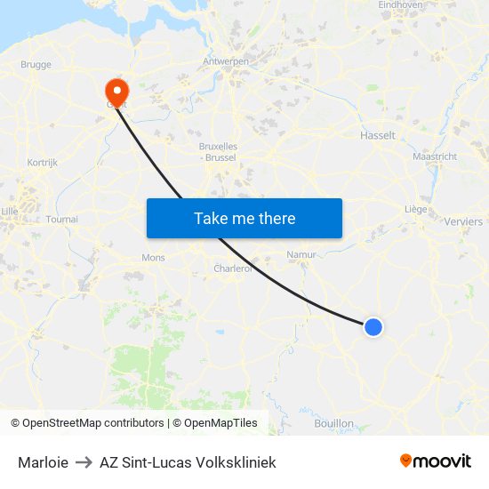 Marloie to AZ Sint-Lucas Volkskliniek map