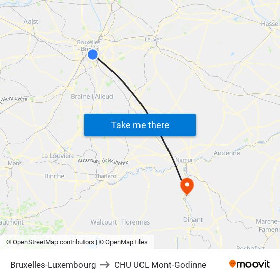 Bruxelles-Luxembourg to CHU UCL Mont-Godinne map