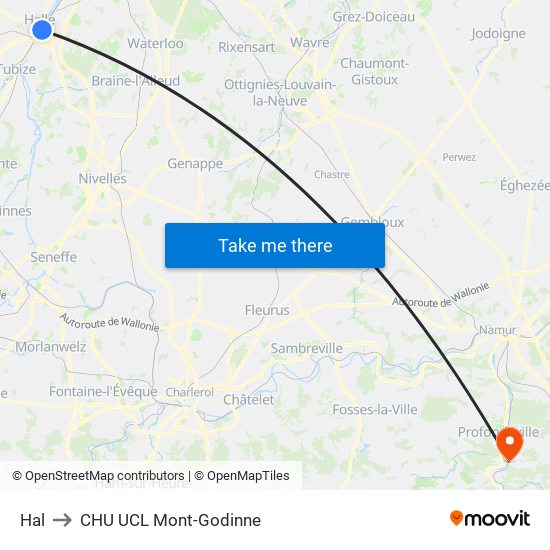 Hal to CHU UCL Mont-Godinne map