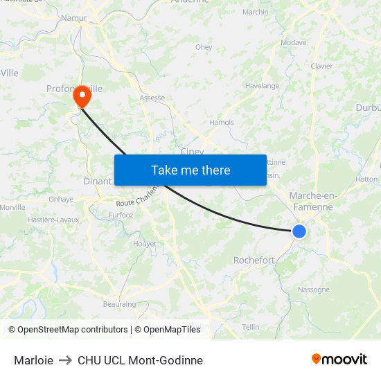 Marloie to CHU UCL Mont-Godinne map