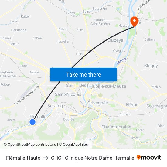Flémalle-Haute to CHC | Clinique Notre-Dame Hermalle map