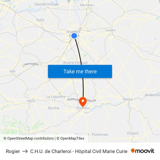 Rogier to C.H.U. de Charleroi - Hôpital Civil Marie Curie map