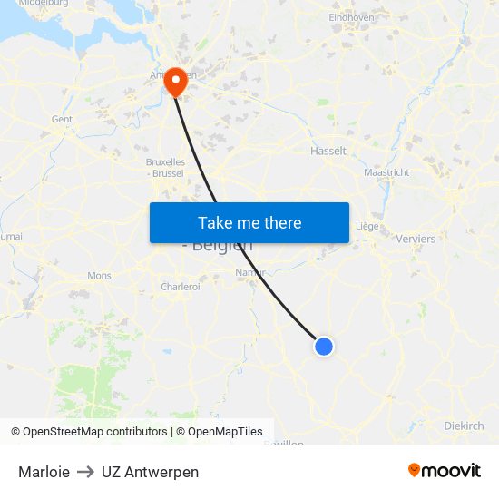 Marloie to UZ Antwerpen map