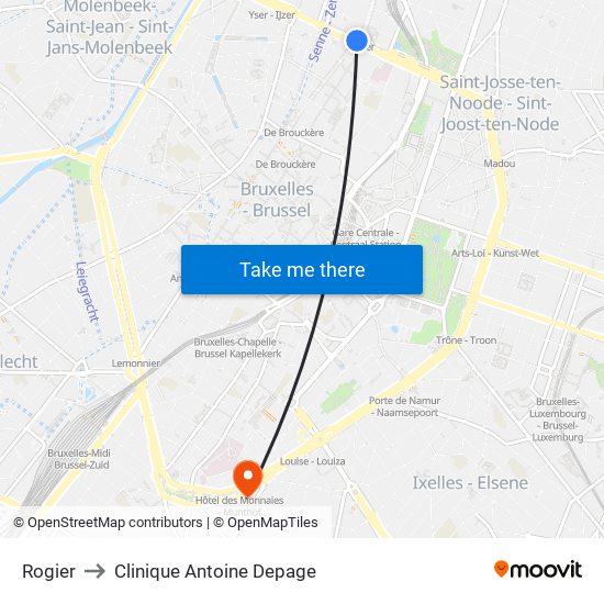 Rogier to Clinique Antoine Depage map