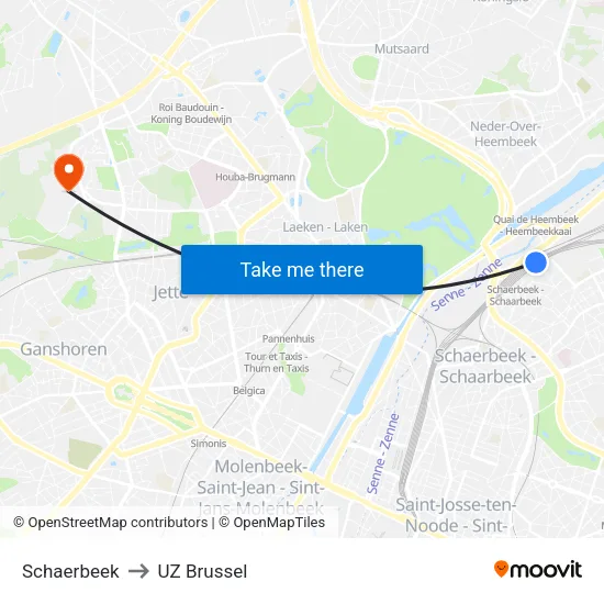 Schaerbeek to UZ Brussel map
