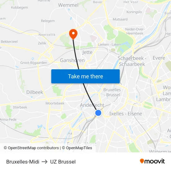 Bruxelles-Midi to UZ Brussel map