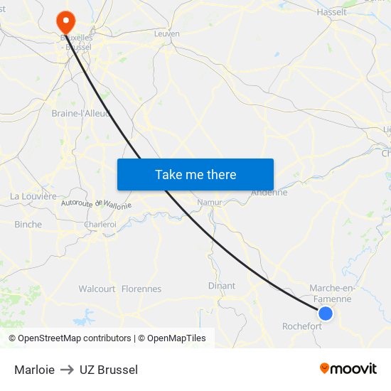 Marloie to UZ Brussel map