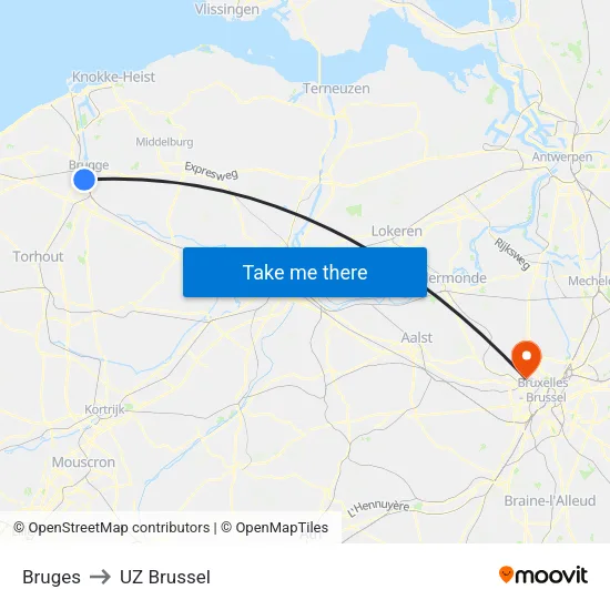 Bruges to UZ Brussel map