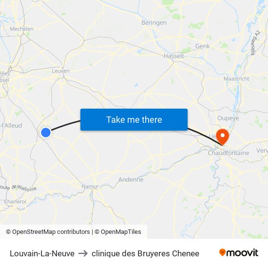 Louvain-La-Neuve to clinique des Bruyeres Chenee map