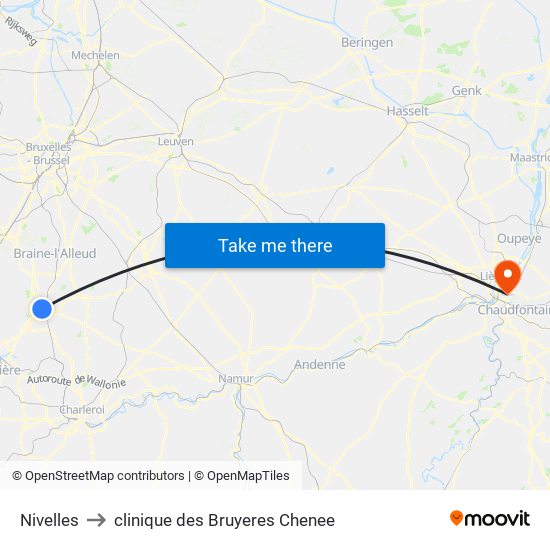 Nivelles to clinique des Bruyeres Chenee map