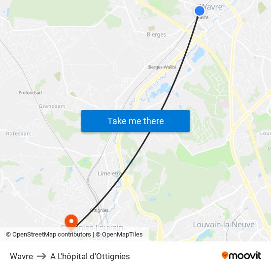 Wavre to A L'hôpital d'Ottignies map