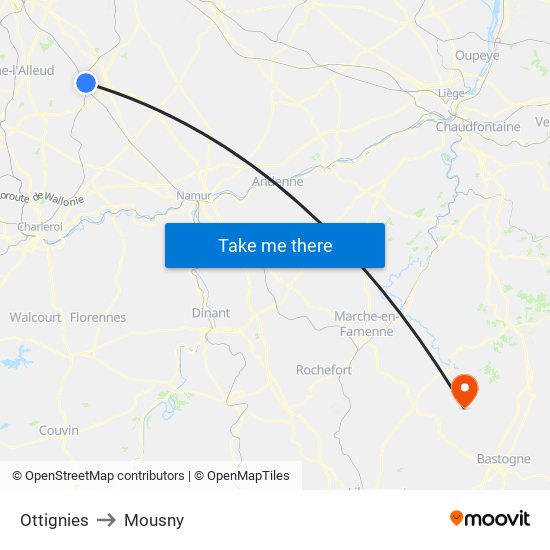 Ottignies to Mousny map