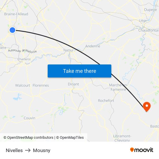 Nivelles to Mousny map