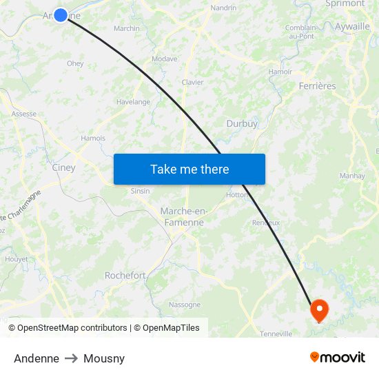 Andenne to Mousny map