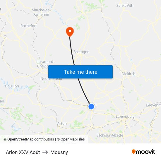 Arlon XXV Août to Mousny map