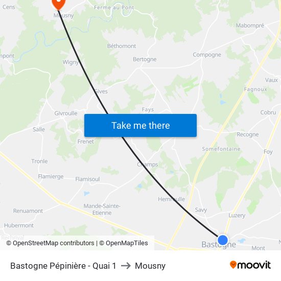Bastogne Pépinière - Quai 1 to Mousny map