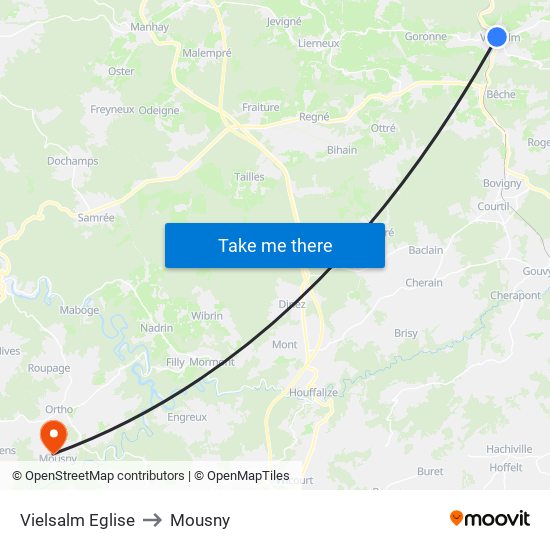 Vielsalm Eglise to Mousny map