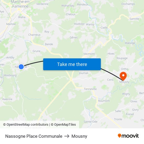 Nassogne Place Communale to Mousny map