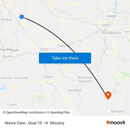 Wavre Gare - Quai 10 to Mousny map