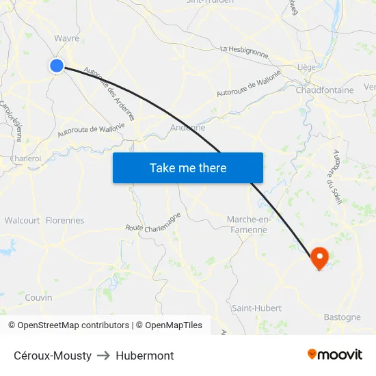 Céroux-Mousty to Hubermont map
