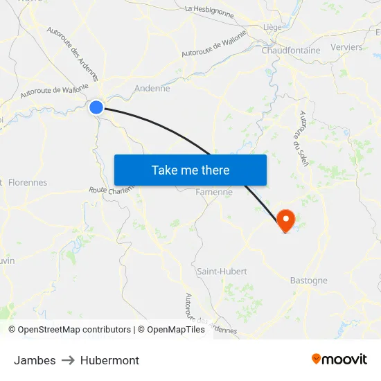 Jambes to Hubermont map