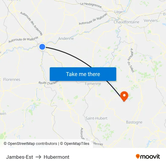 Jambes-Est to Hubermont map
