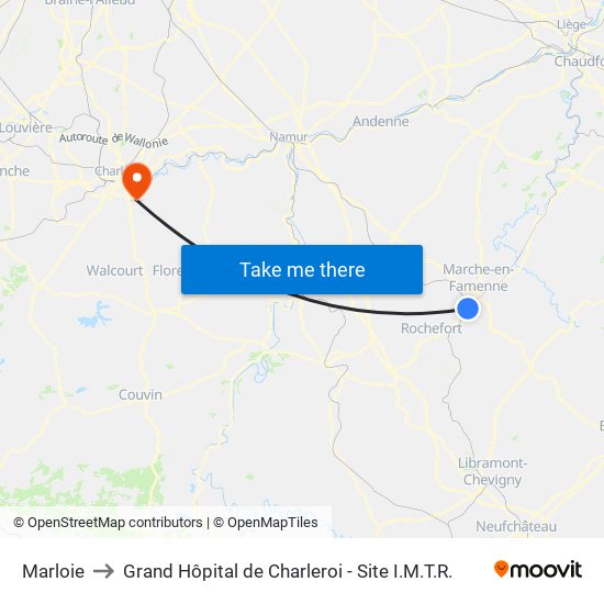 Marloie to Grand Hôpital de Charleroi - Site I.M.T.R. map
