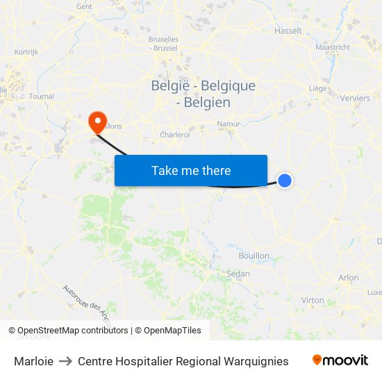 Marloie to Centre Hospitalier Regional Warquignies map