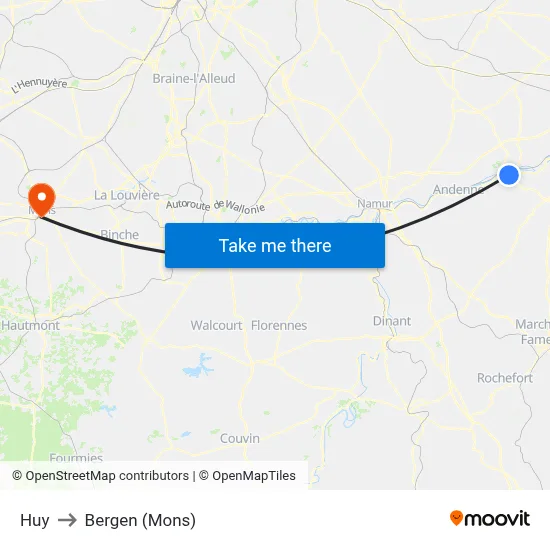 Huy to Bergen (Mons) map