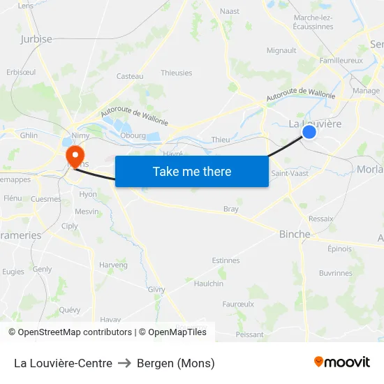 La Louvière-Centre to Bergen (Mons) map