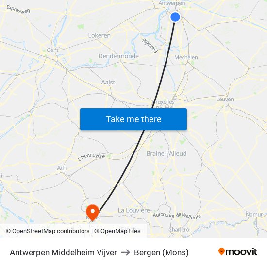 Antwerpen Middelheim Vijver to Bergen (Mons) map