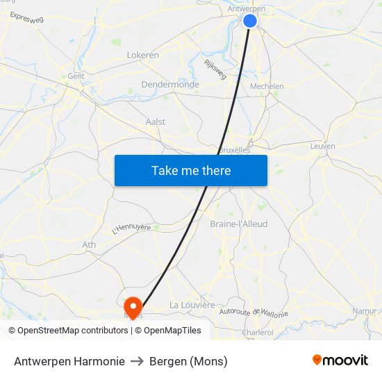 Antwerpen Harmonie to Bergen (Mons) map