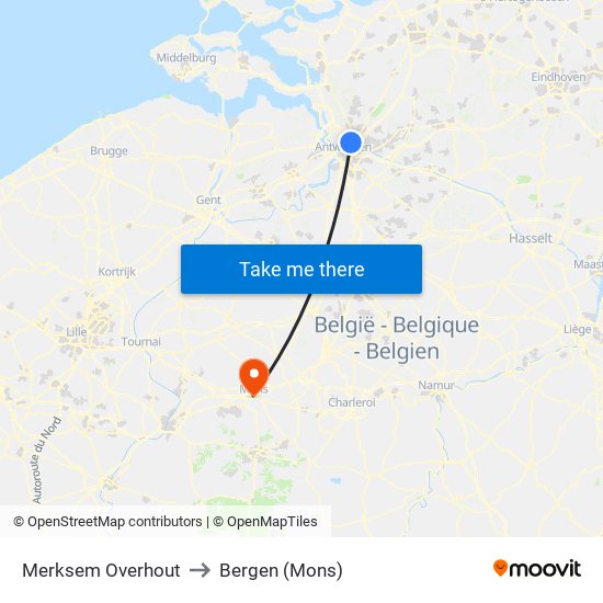 Merksem Overhout to Bergen (Mons) map
