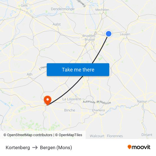 Kortenberg to Bergen (Mons) map