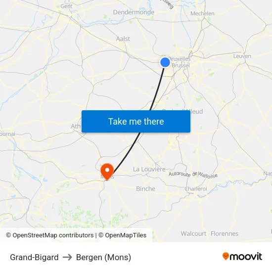 Grand-Bigard to Bergen (Mons) map