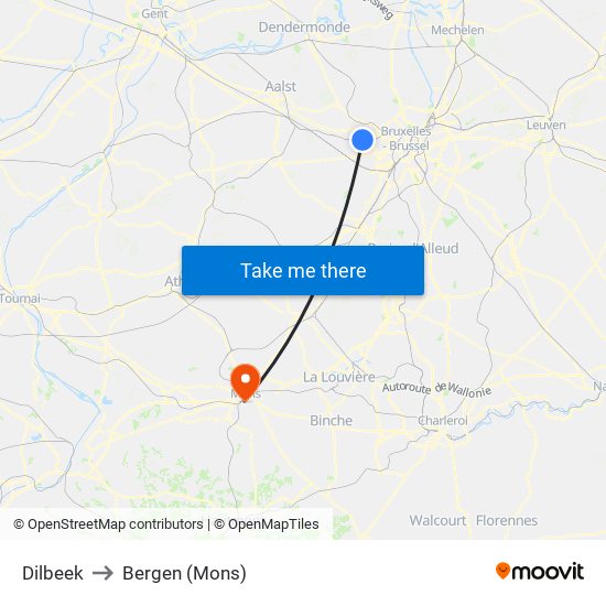 Dilbeek to Bergen (Mons) map