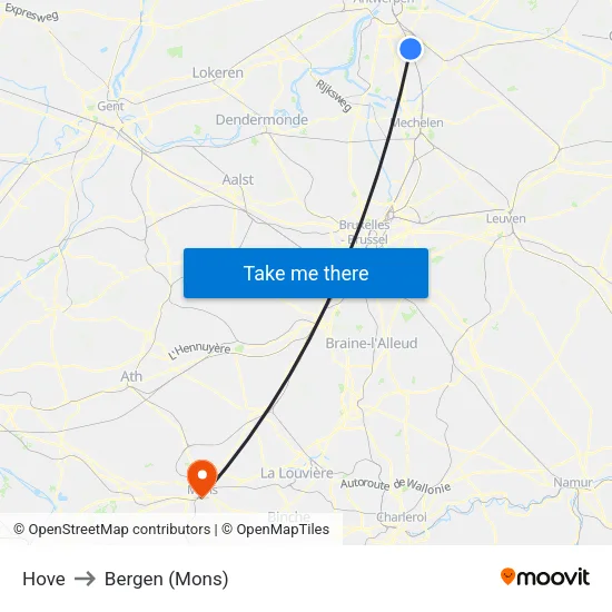 Hove to Bergen (Mons) map