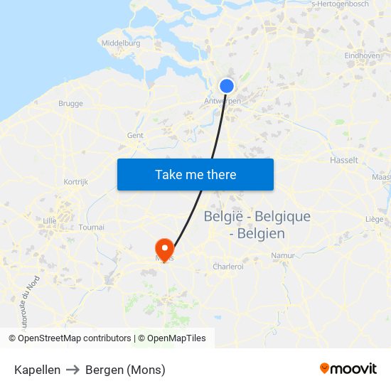 Kapellen to Bergen (Mons) map
