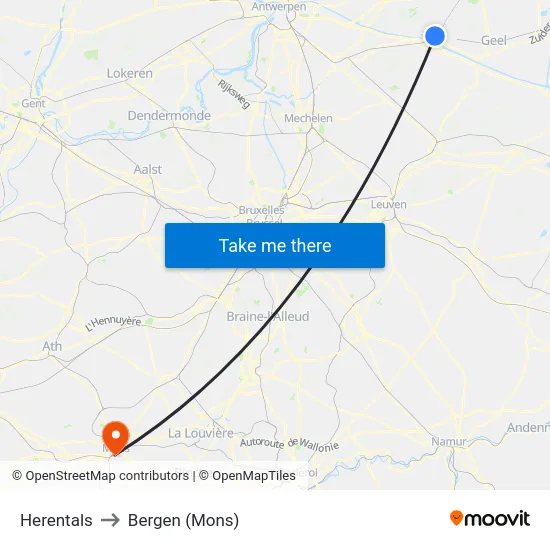 Herentals to Bergen (Mons) map