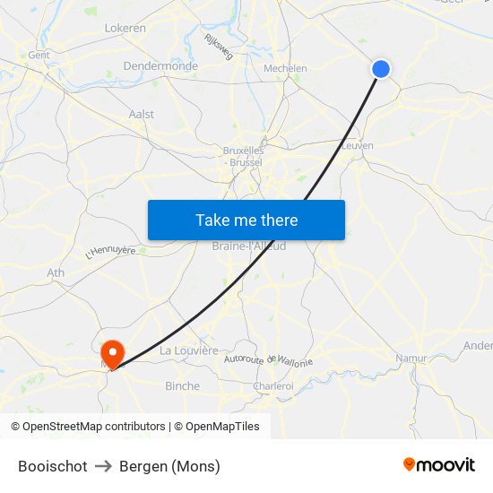 Booischot to Bergen (Mons) map