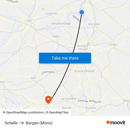 Schelle to Bergen (Mons) map