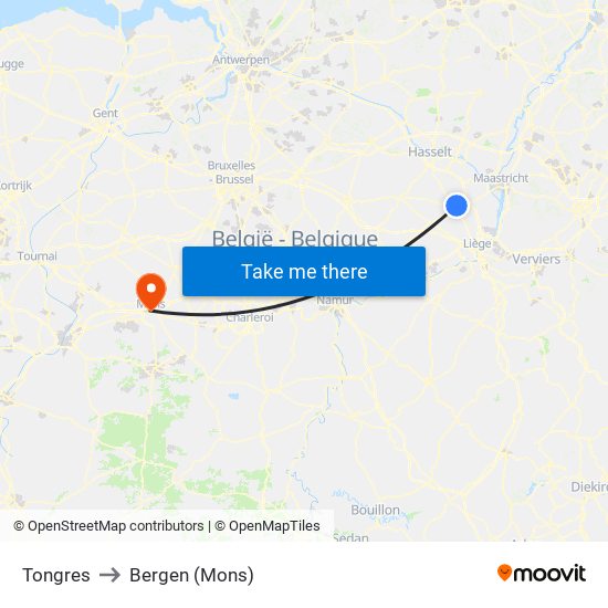 Tongres to Bergen (Mons) map