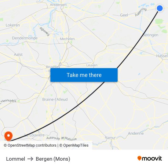 Lommel to Bergen (Mons) map