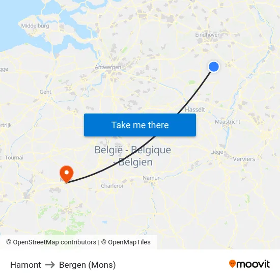 Hamont to Bergen (Mons) map