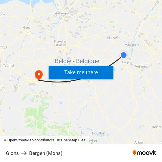 Glons to Bergen (Mons) map