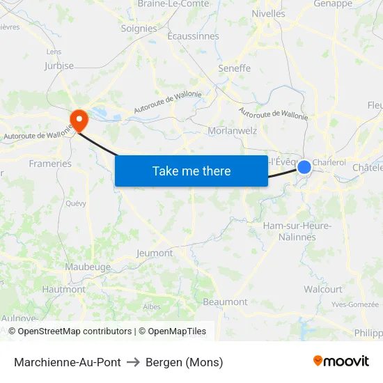 Marchienne-Au-Pont to Bergen (Mons) map