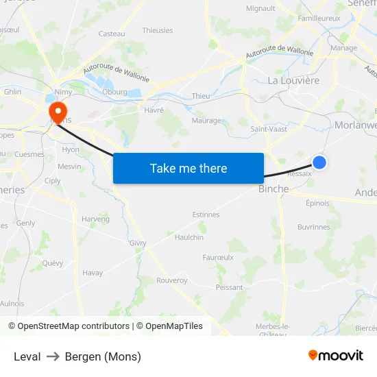 Leval to Bergen (Mons) map