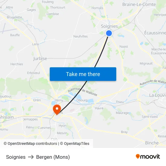 Soignies to Bergen (Mons) map