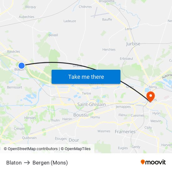 Blaton to Bergen (Mons) map